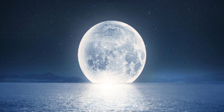 元宵节月亮蓝色简约中秋节中秋团圆月亮海上倒影海上月亮展板背景